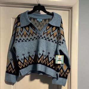 CeCe Blue and Gold V-Neck Sweater